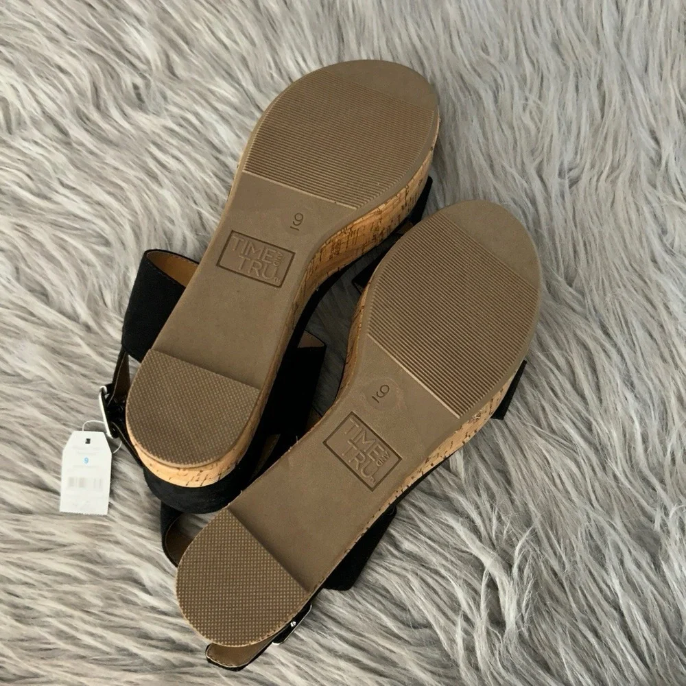 Time And Tru Wedge Sandals Womens Size 9 Black Heeled Sandals Open Toe Shoes